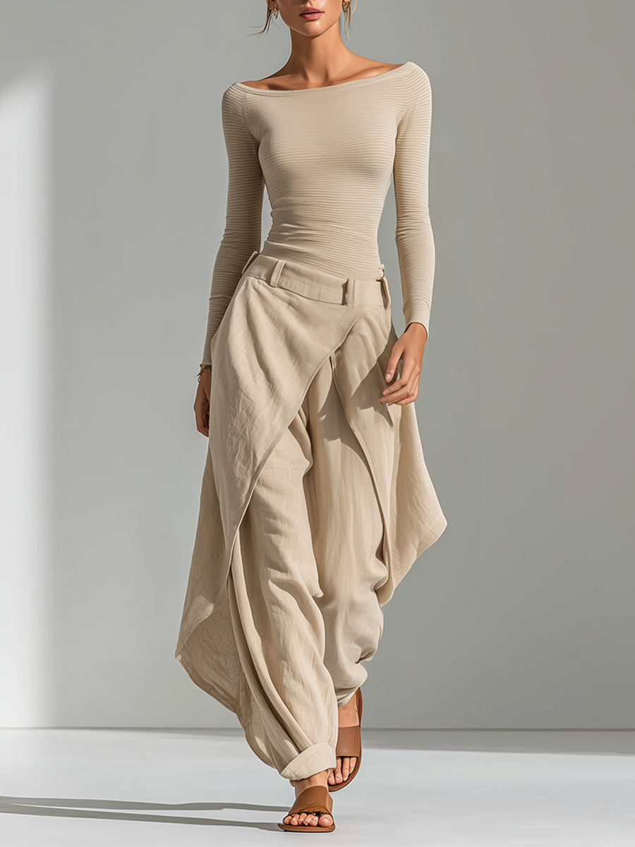 Romy Beige Set – Boat Neck Top & Wide-Leg Pants
