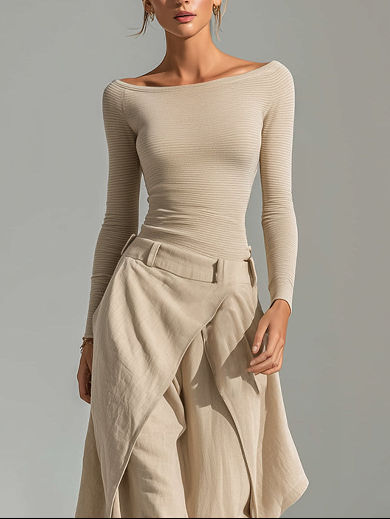 Romy Beige Set – Boat Neck Top & Wide-Leg Pants