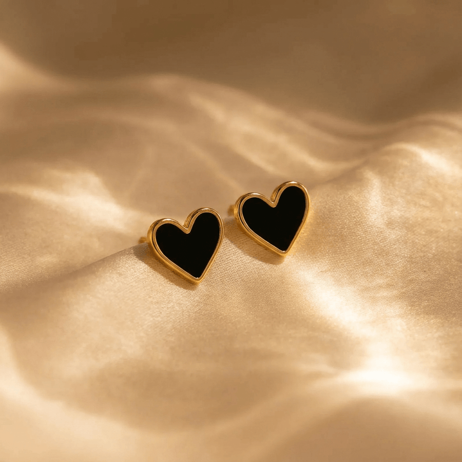 Elegant Boho Black Enamel Heart Stud Earrings