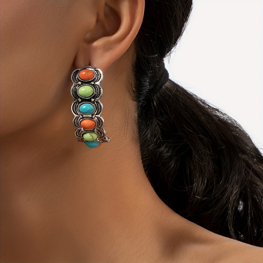 Southwestern Turquoise Silver Hoop Earrings