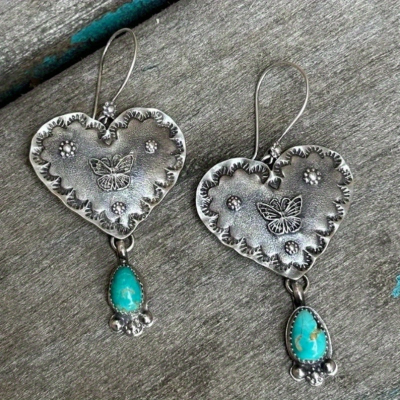 Handcrafted Silver Boho Turquoise Heart Butterfly Earrings