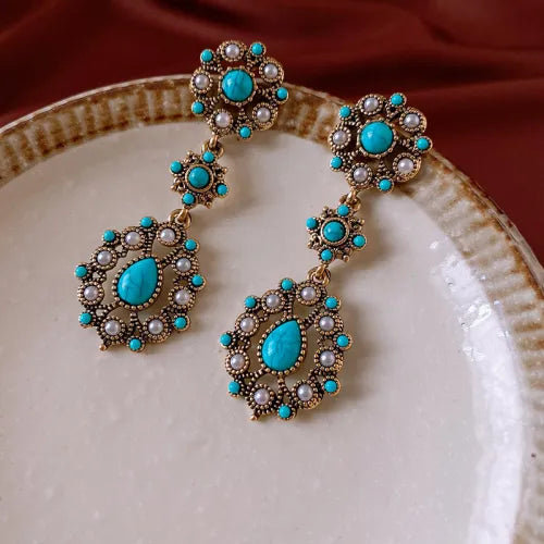 Floral Turquoise & Pearl Gold Plated Earrings