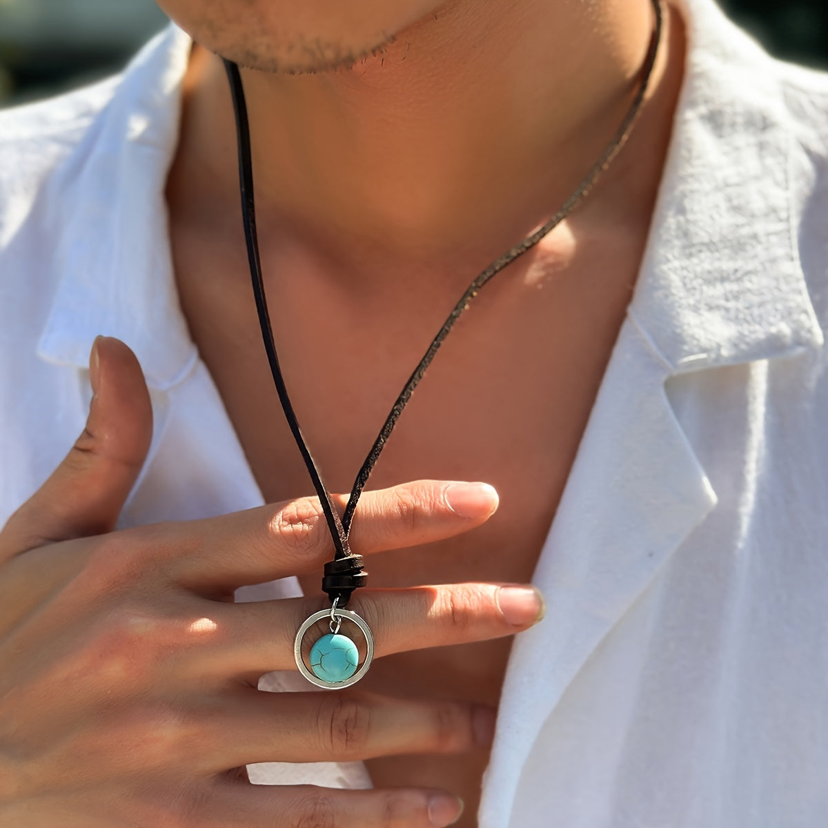 Bohemian Turquoise Pendant Leather Choker Necklace