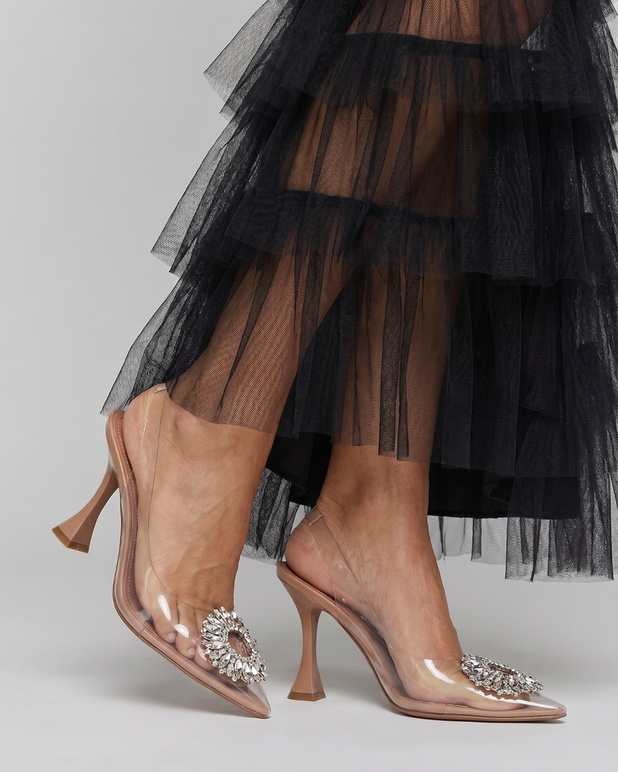 Omela | Rhinestone Buckle Clear Panel Mule Heels