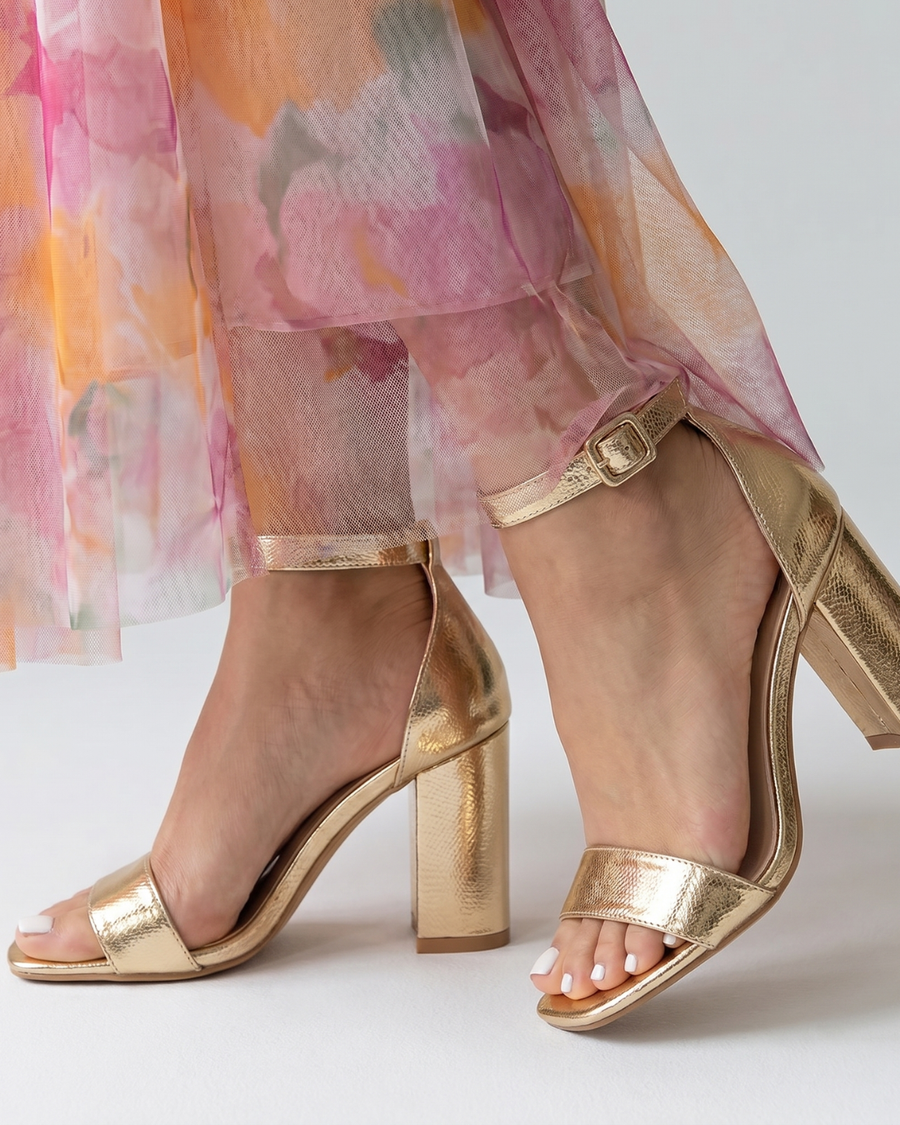 Calista | Metallic Ankle Strap Block Heel Sandals