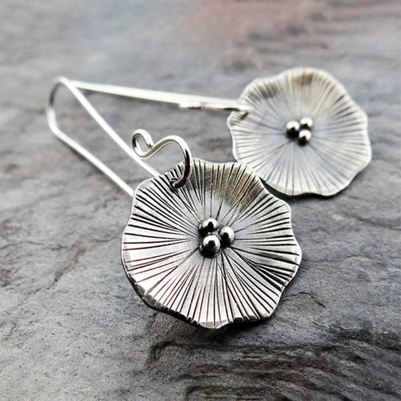 Handcrafted Textured Silver Flower Drop Earrings