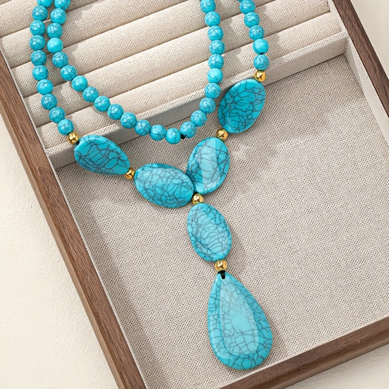 Bohemian Geometric Tear Round Turquoise Beaded Necklace