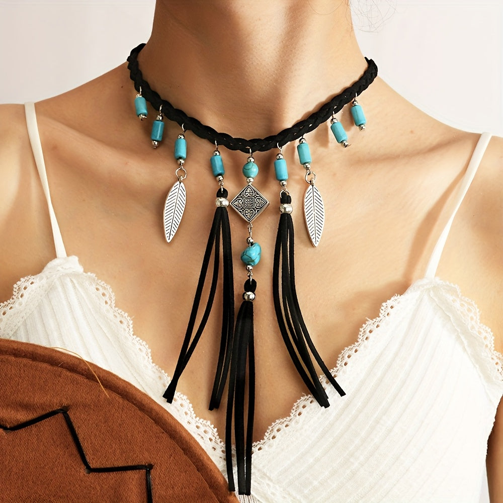 Bohemian Turquoise Beads Silver Feather Tassel Necklace