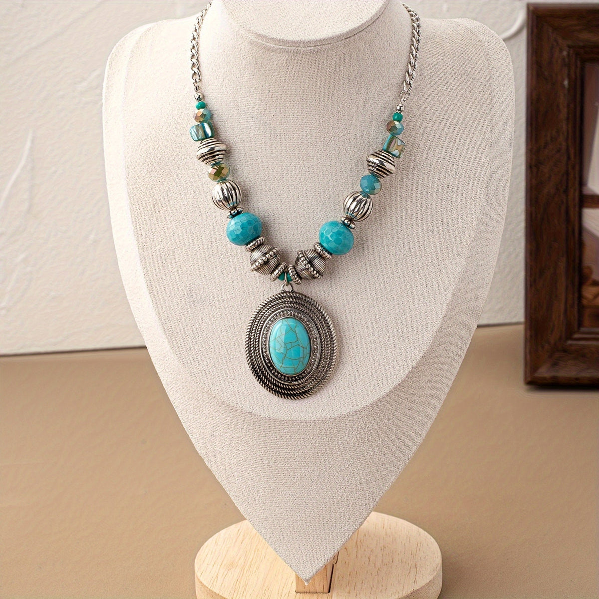 Bohemian Oval Turquoise Beaded Pendant Necklace