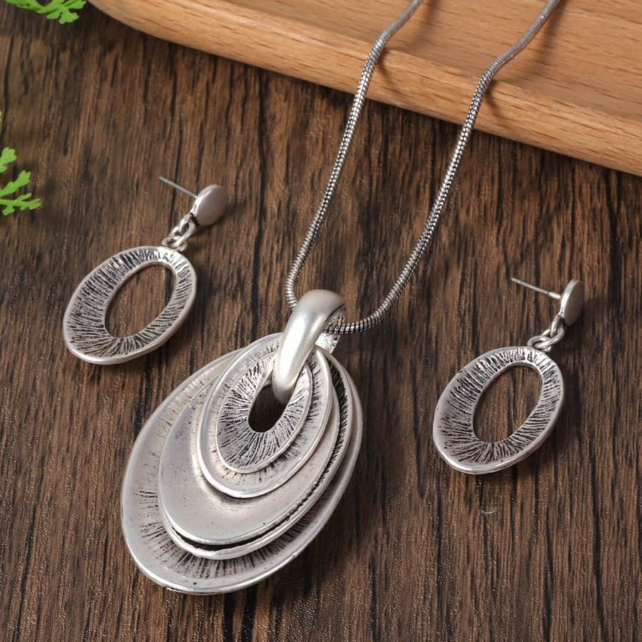 Vintage Silvery Multi Layer Necklace And Earrings Set