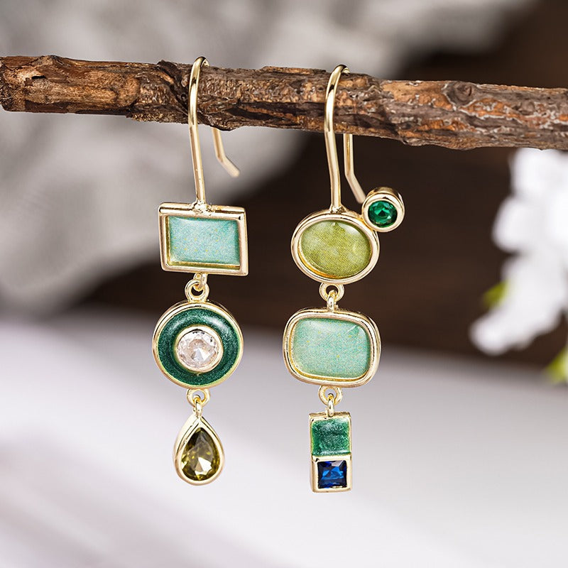 Vintage Geometric Green Stone Gold Drop Earrings