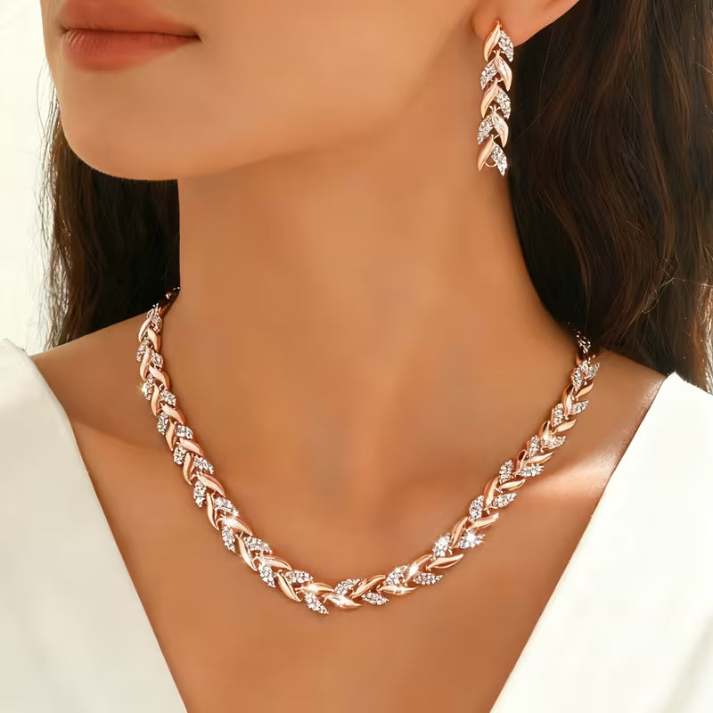 Rose Gold Leaf Chain Earrings & Bracelet Set