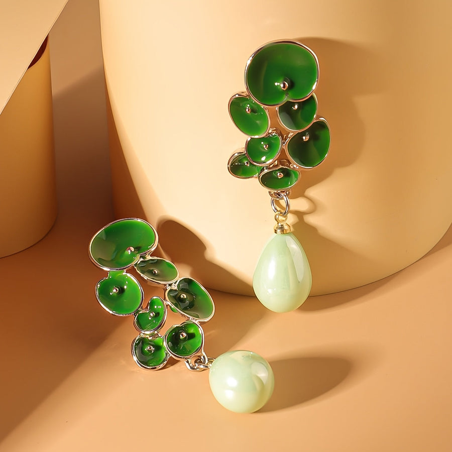 Green Enamel Floral Drop Earrings with Jade Teardrop
