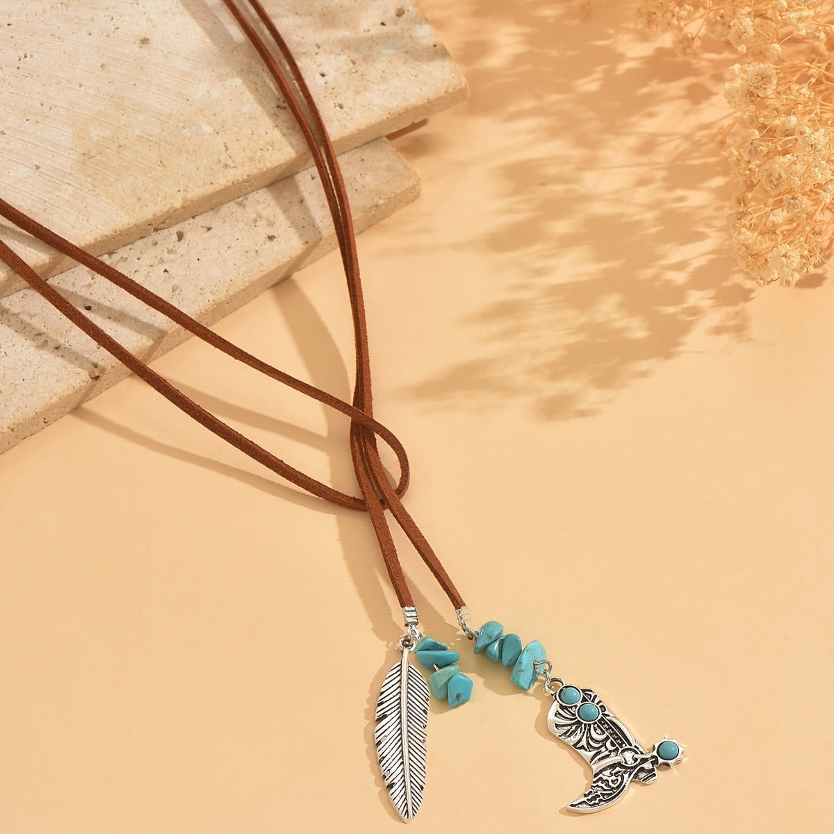 Vintage Bohemian Turquoise Feather Pendant Layered Necklace