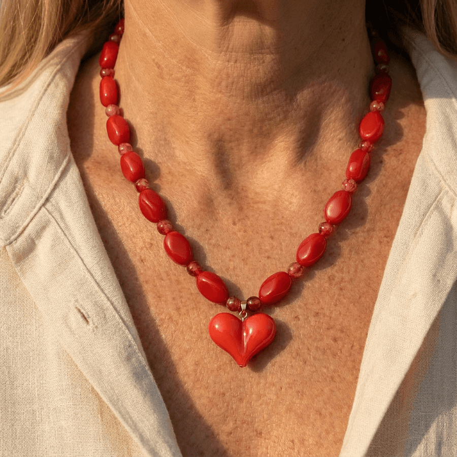 Classic Red Glass Beaded Heart Pendant Necklace
