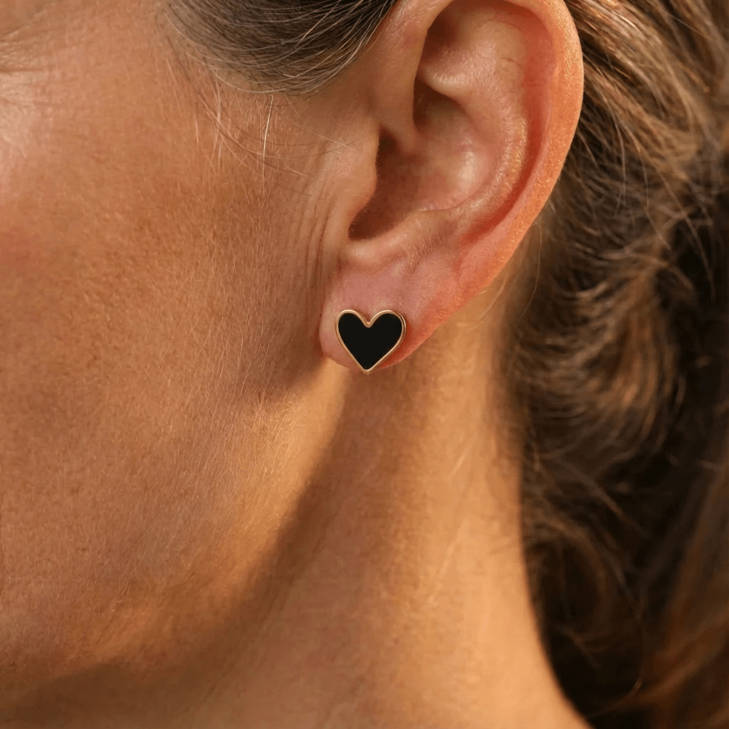 Elegant Boho Black Enamel Heart Stud Earrings