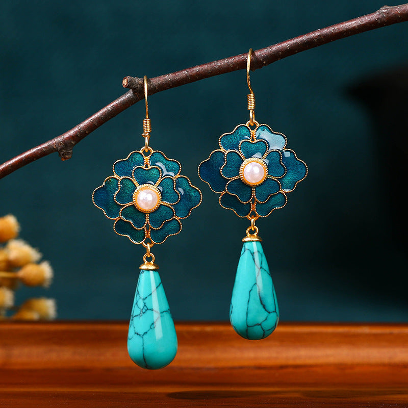 Elegant Vintage Turquoise Floral Design & Pearl Drop Earrings