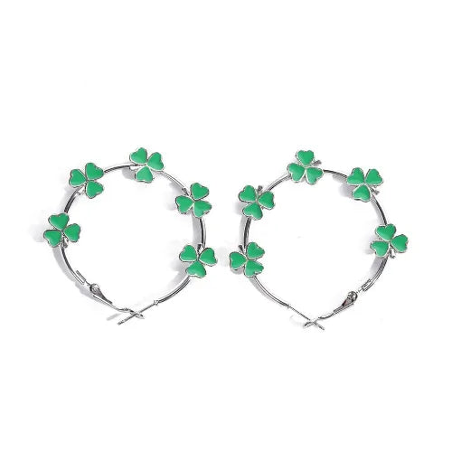 Vintage Bohemian Silver Plated Green Floral Hoop Earrings