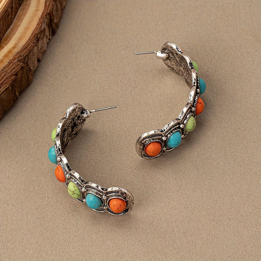 Southwestern Turquoise Silver Hoop Earrings