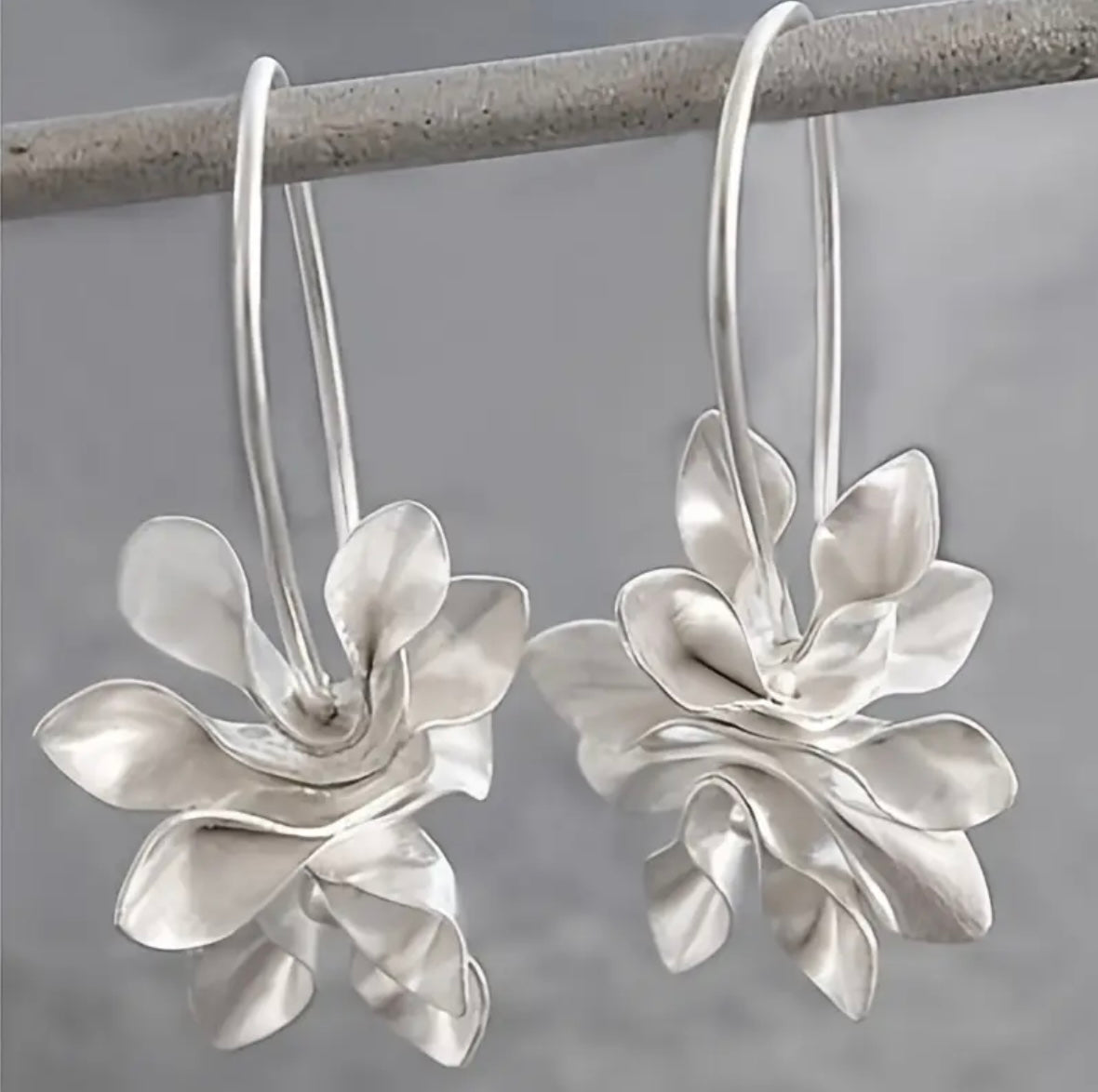 Elegant Silver Floral Hoop Drop Earrings