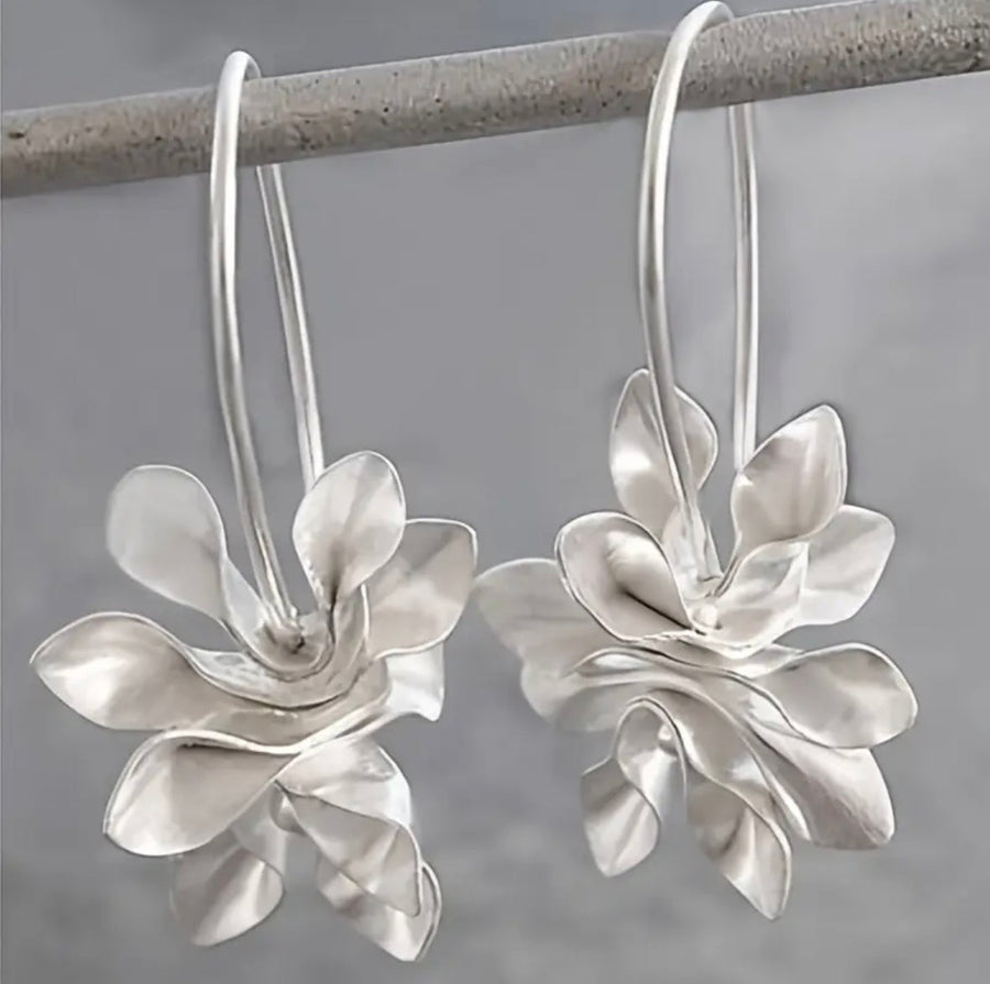 Elegant Silver Floral Hoop Drop Earrings