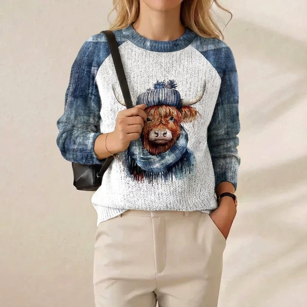 Cotton Sweater Blue & Cream with Highland Cow Pattern
