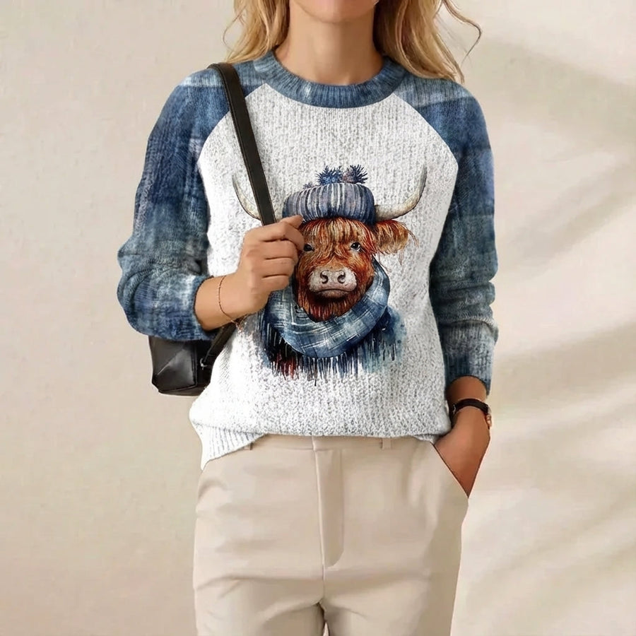 Cotton Sweater Blue & Cream with Highland Cow Pattern