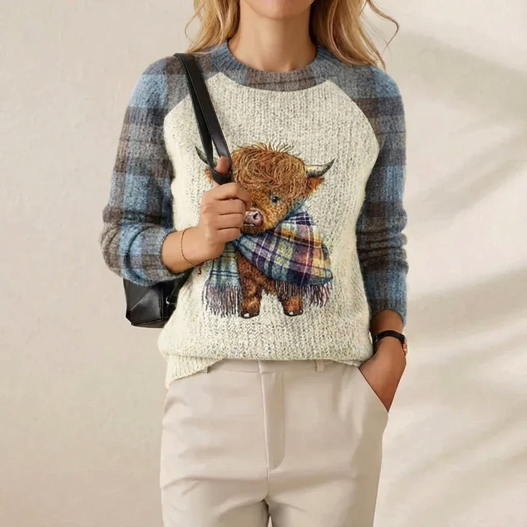Cotton Sweater Light Blue & Cream with Highland Cow Pattern