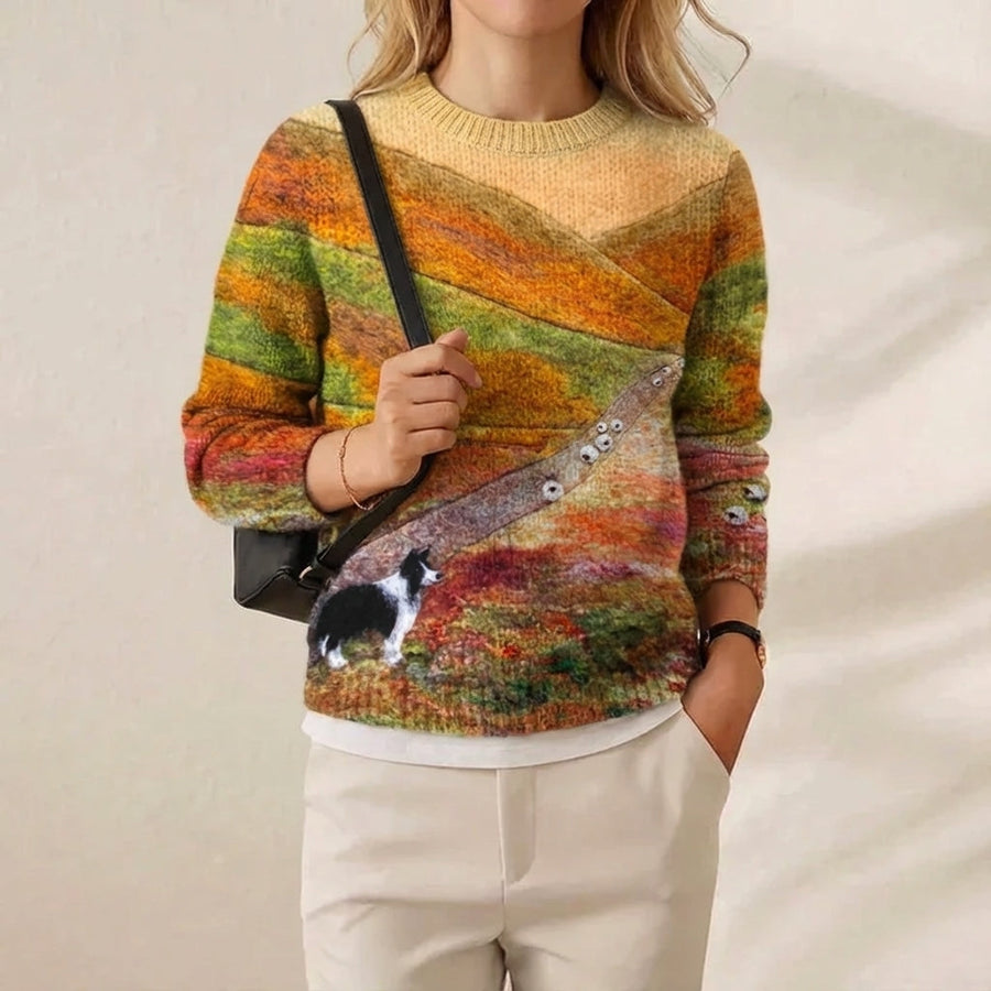 Cotton Sweater Multicolor Landscape with Dog and Sheep