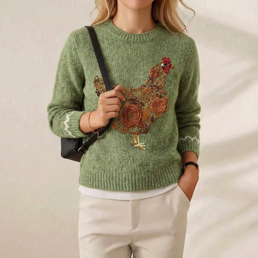 Cotton Sweater Green with Floral Patterned Hen