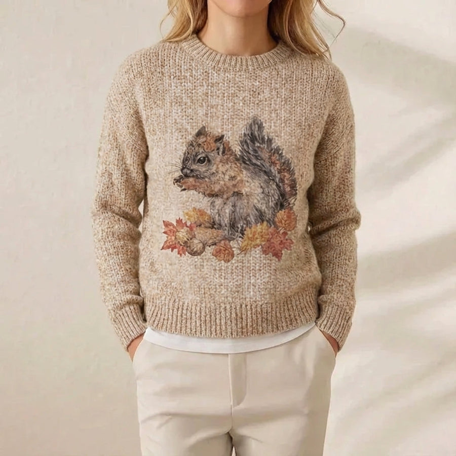 Cotton Sweater Cream with Squirrel & Autumn Leaves