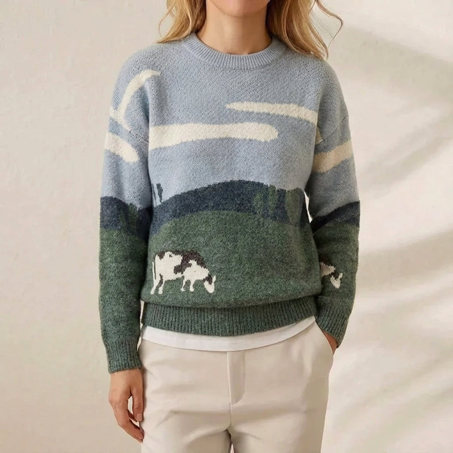Cotton Cow Sweater Multicolor with Landscape