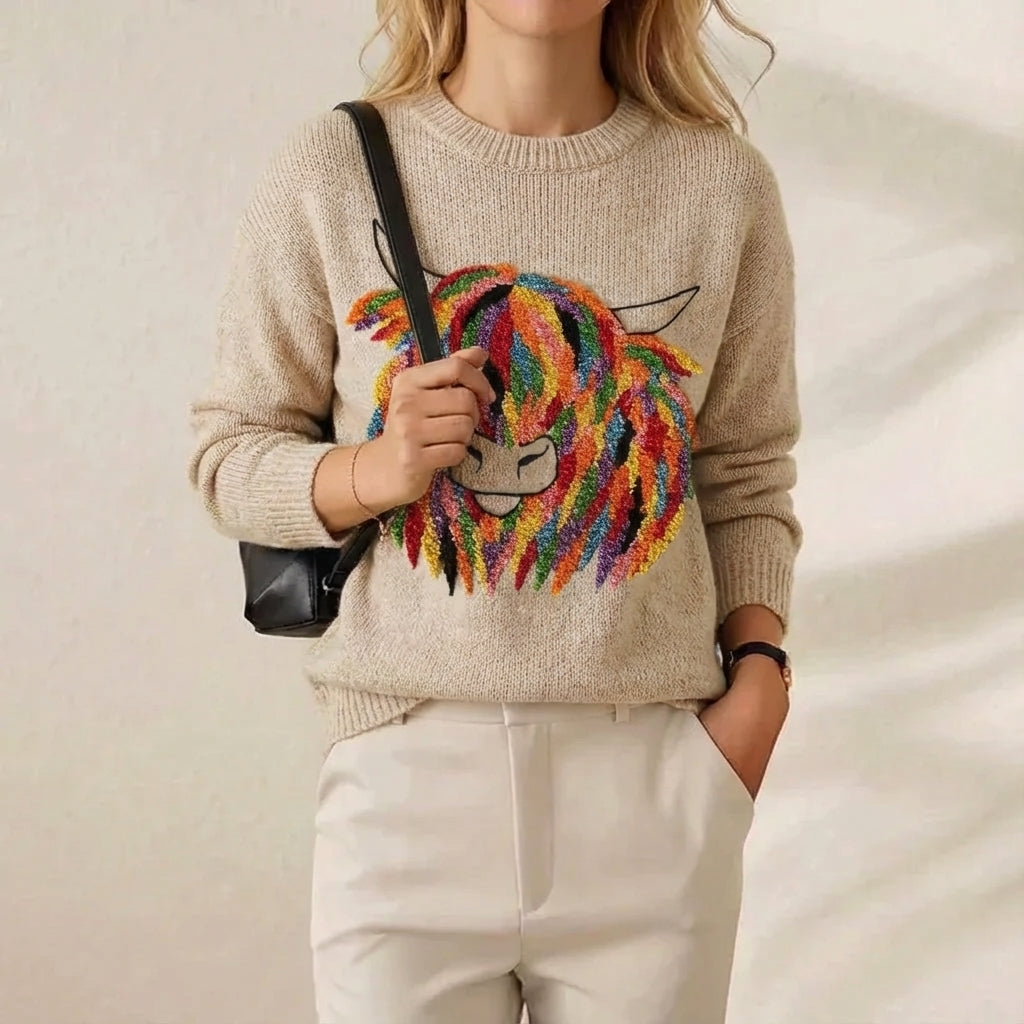 Cotton Sweater Cream with Rainbow Cow Design