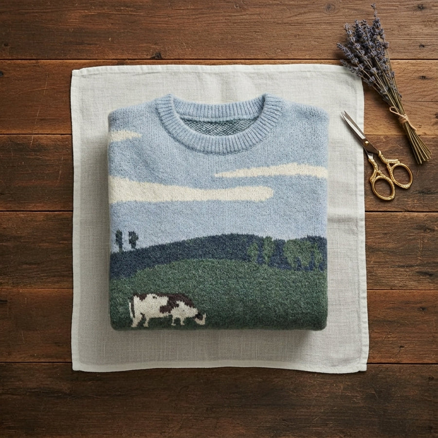Cotton Cow Sweater Multicolor with Landscape