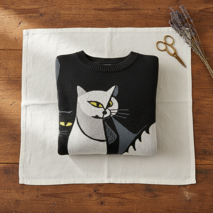 Cotton Sweater Black with Cat Design