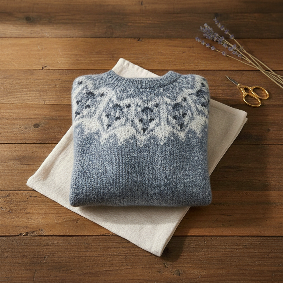 Cotton Sweater Blue with Wolf Pattern