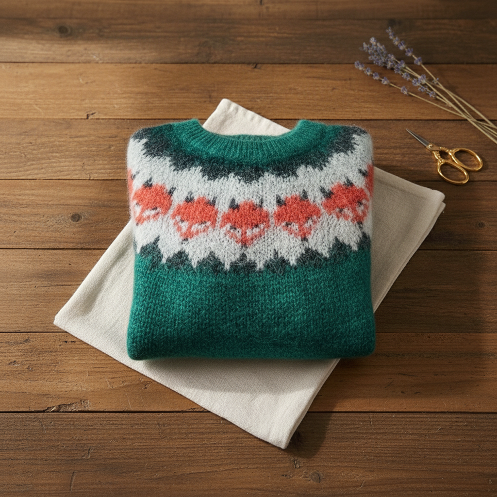Cotton Mohair Sweater Teal with Fox Pattern