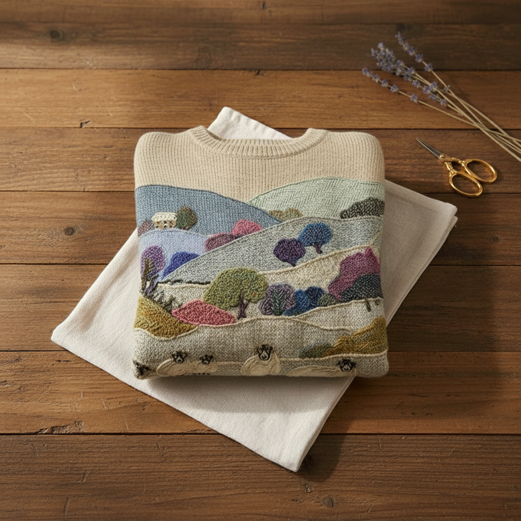 Cotton Sweater Multicolor with Landscape & Sheep Pattern