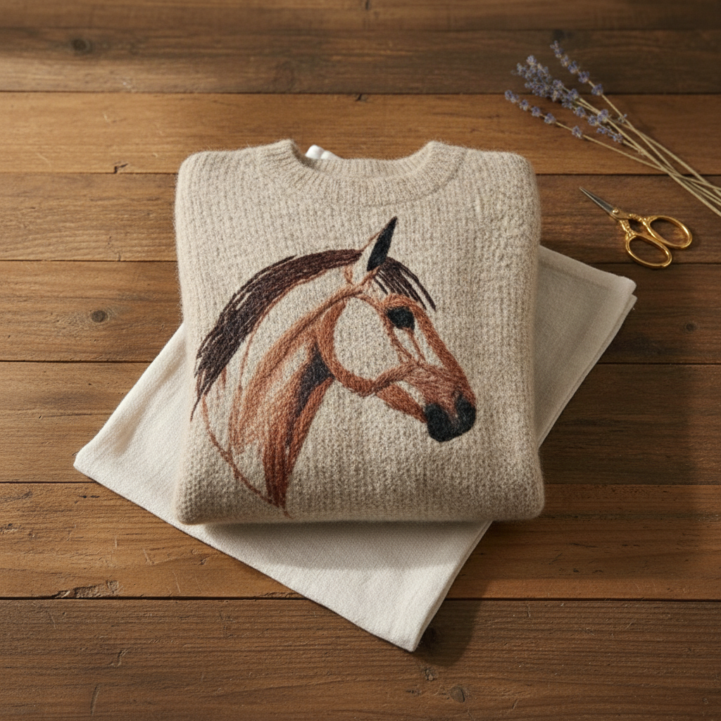Cotton Sweater Cream with Horse Design