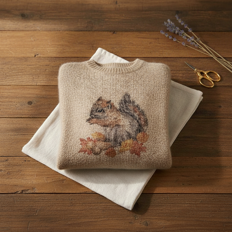 Cotton Sweater Cream with Squirrel & Autumn Leaves
