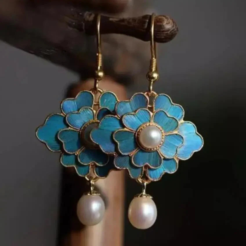 Vintage Blue Enamel Flower Pearl Drop Earrings