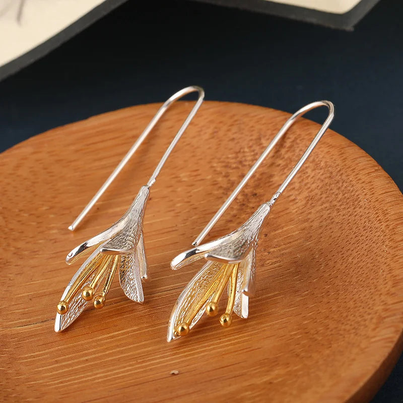 Modern Brushed Silver Petal Dangle Earrings