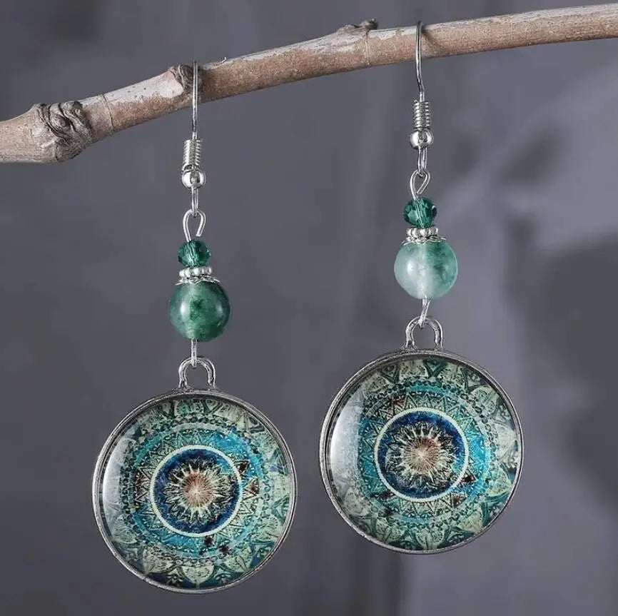 Boho Mandala Glass Disc Drop Earrings