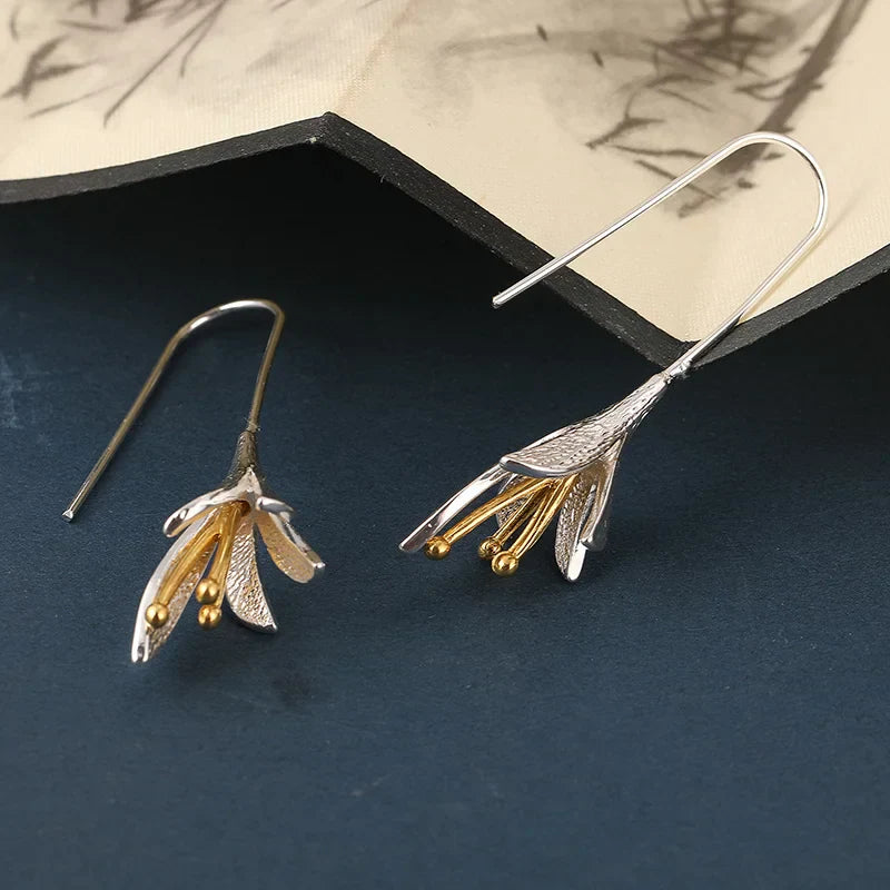 Modern Brushed Silver Petal Dangle Earrings