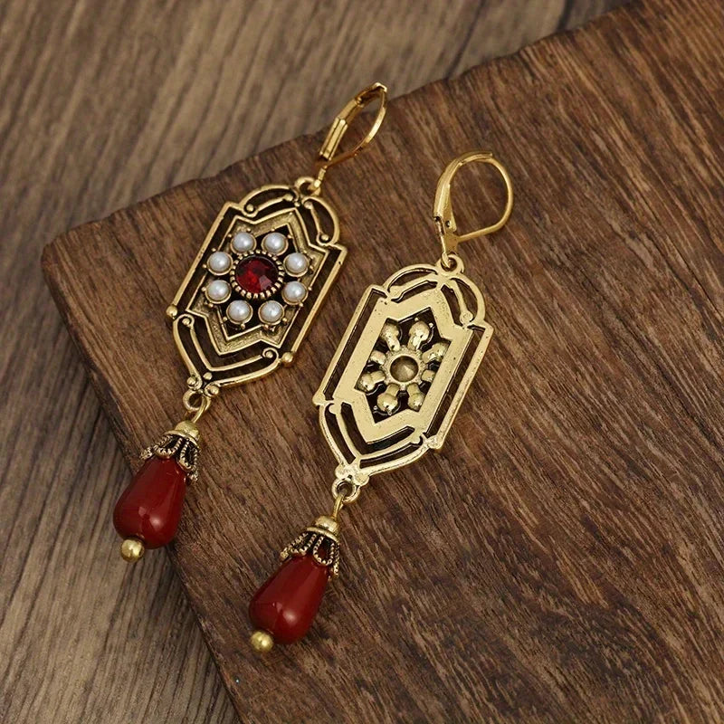 Art Deco Gold Garnet & Pearl Drop Earrings