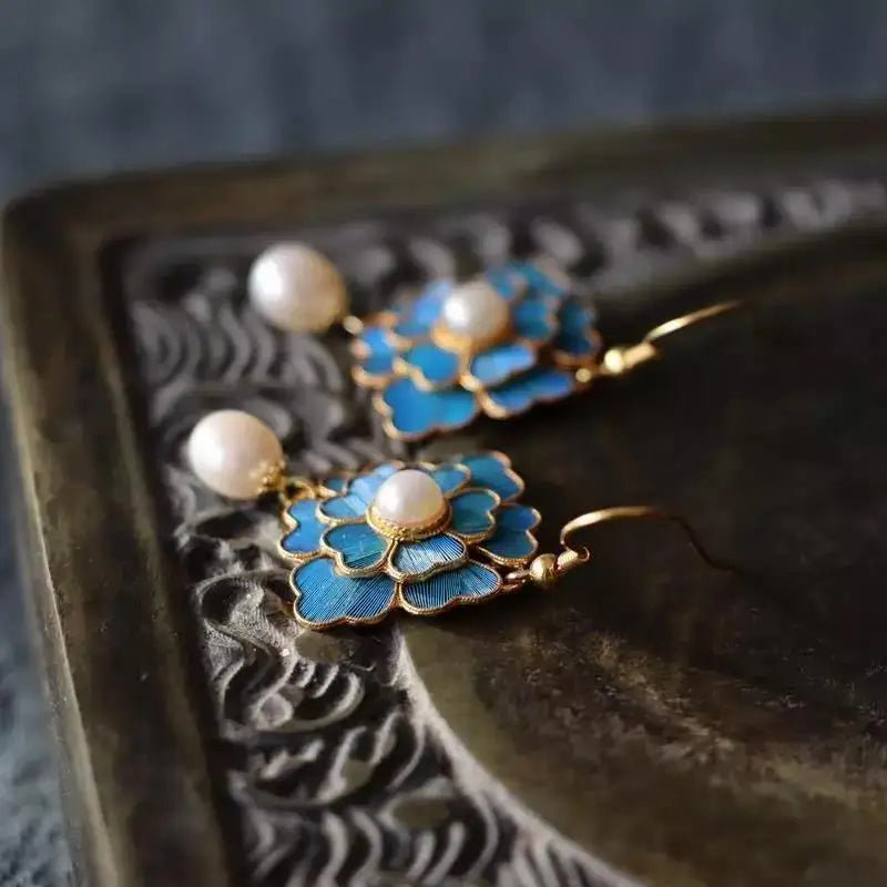 Vintage Blue Enamel Flower Pearl Drop Earrings