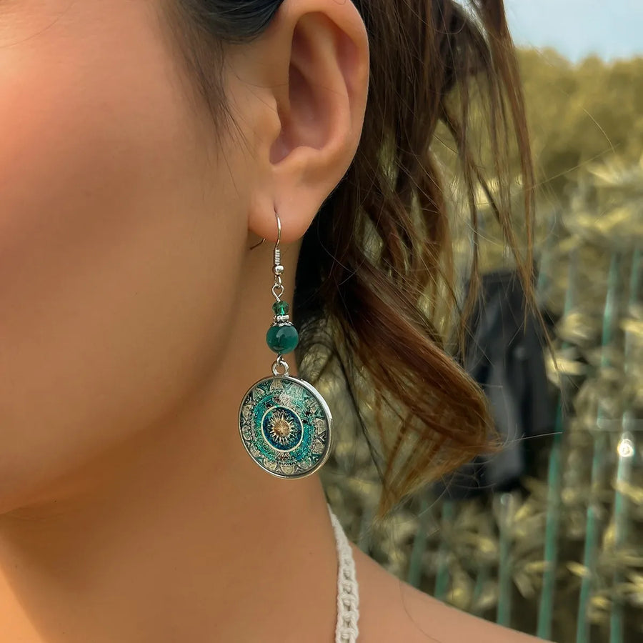 Boho Mandala Glass Disc Drop Earrings