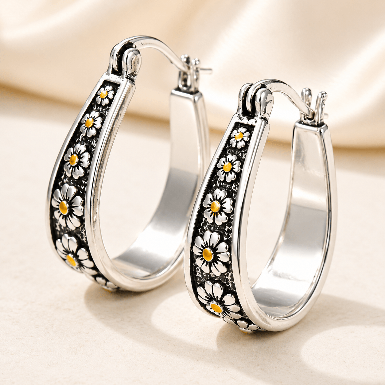 Vintage Hand-Cut Daisy Hoop Earrings
