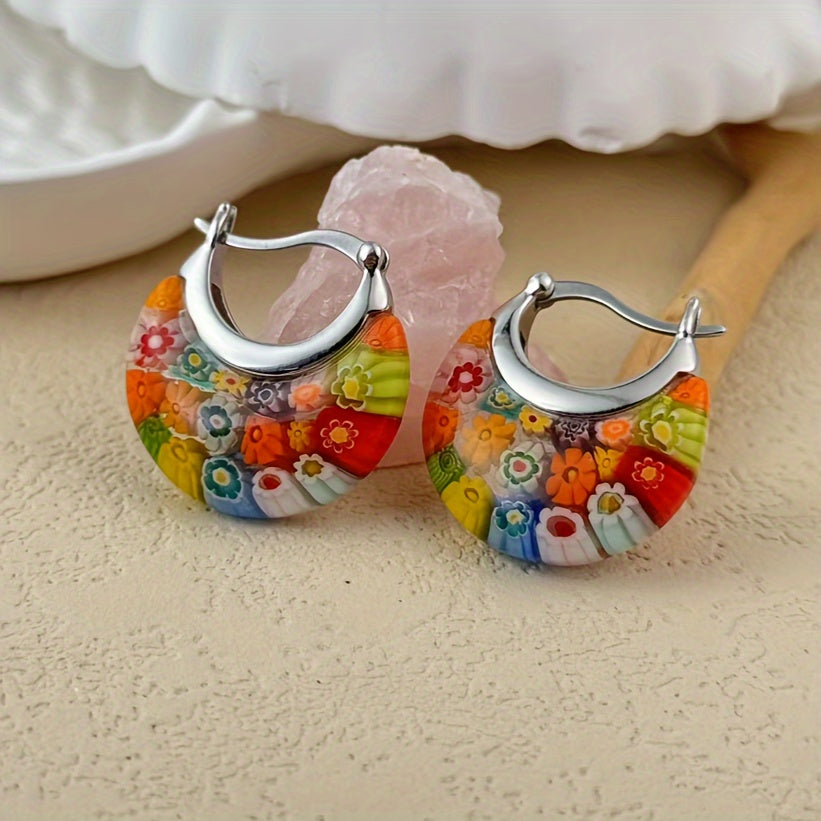 Colorful Millefiori Half-Hoop Earrings