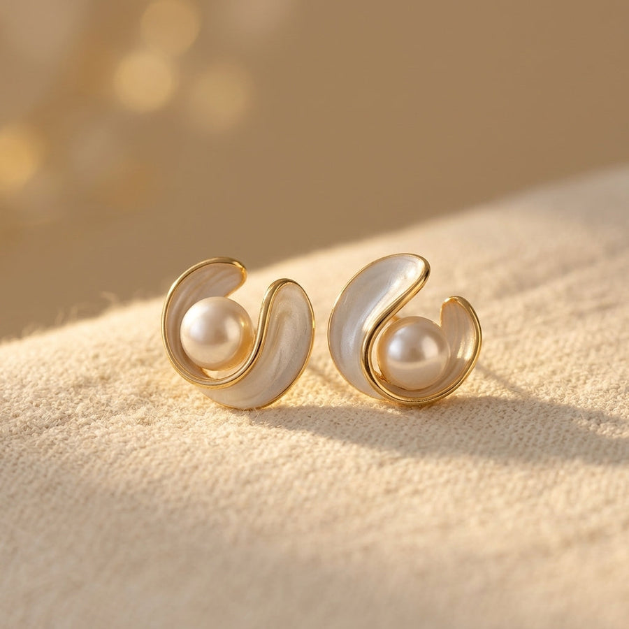 Lumière White Opal Pearl Gold Stud Earrings